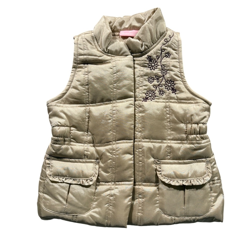 Kids Headquarters Puffer Vest Girls 3T Champagne Gold Floral Embroidered Quilted